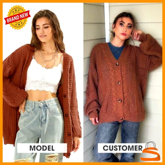 Oversized Cable Knit Cardigan Soft Lightweight V-Neck Button Front Chic - Picture 2 of 7